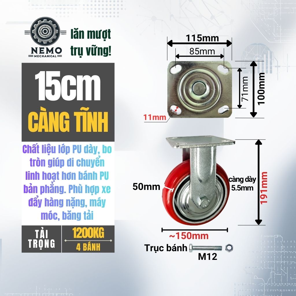 Bánh Xe PU Bo Tròn Tải Nặng – Kiểu Hàn Quốc, Xoay Hướng Linh Hoạt (D100 - D200)